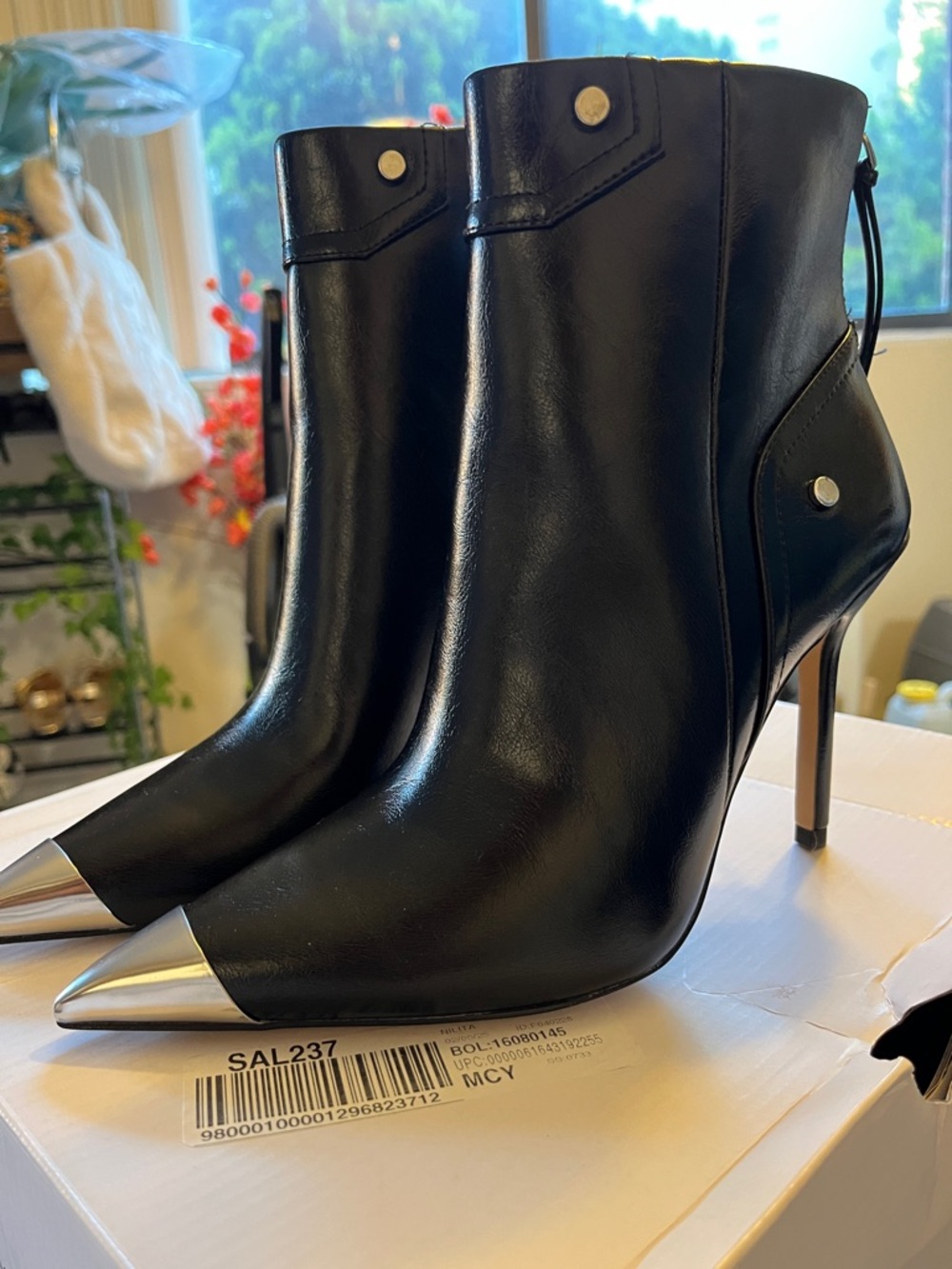 Aldo Black Leather Pointed Toe Stiletto Ankle Boots with Silver Cap